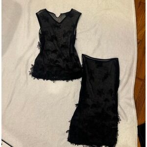 D&G Sheer Black Floral Lace Mesh Sleeveless Top & Skirt Set Lingerie